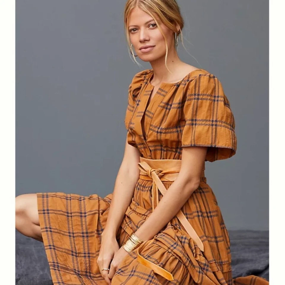 Nuevo con etiquetas Vestido Maeve by Anthropologie Somerset Maxi en Maíz Cuadros Algodón en Niveles 2X Foto 2 de 4