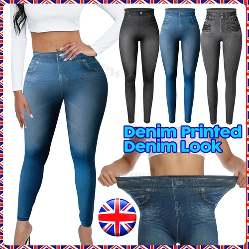 Women's Girls Stretchy Denim Printed Denim Look Skinny Legging Jeggings Pants UK - Picture 1 of 17