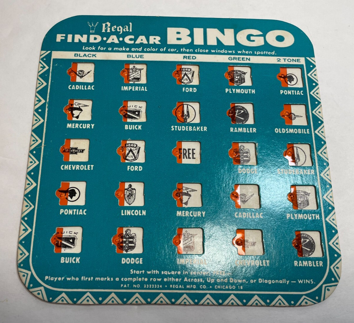 Vintage Regal Find-A-Car Auto Bingo Card Travel Game – 2 Cards