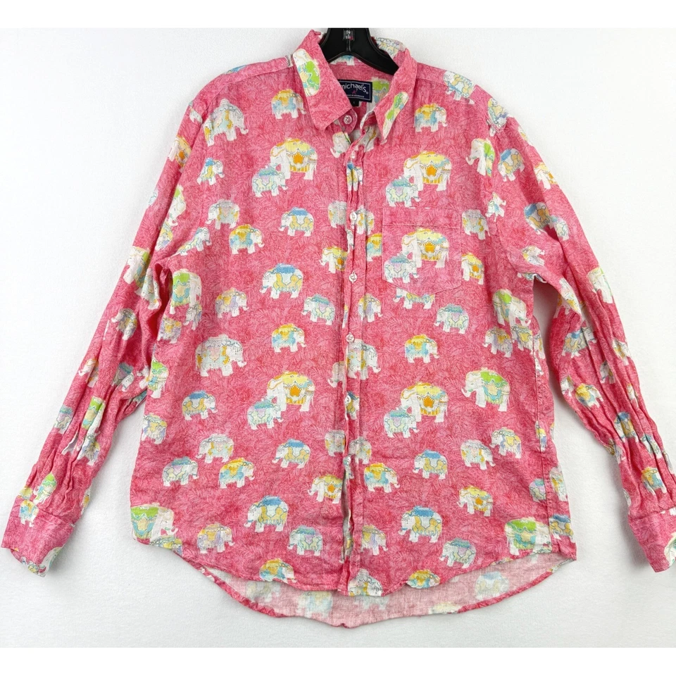 MICHAELS Morocco Linen Shirt Pink Elephants Size LARGE Men Button Up Long Sleeve - Image 2 of 4