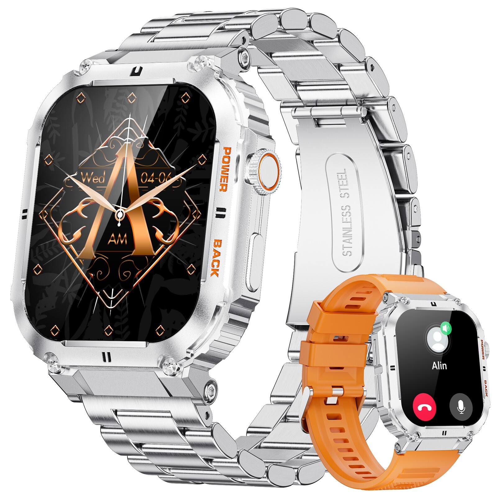 Smart Watch For Android Iphone 1.96&Quot; Hd Screen Fitness Tracker Heart Rate Silver