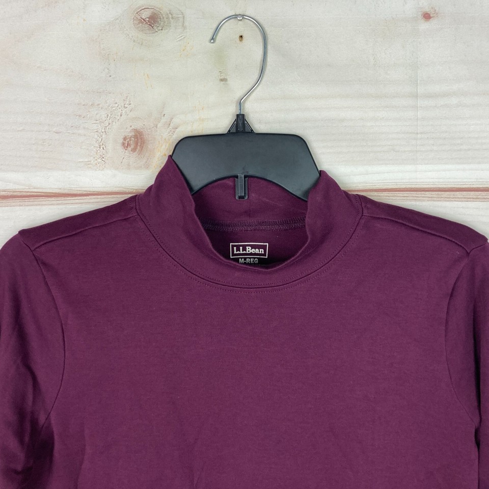 LL Bean Top Womens M Purple Mock Neck TShirt Pima Cotton Long Sleeve