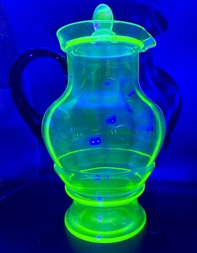 Weston Louie Art Deco Green Depression Glass Pitcher Lid Black Handle UV Glow
