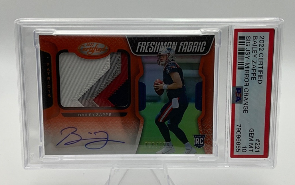 2022 Certified #221 Bailey Zappe Mirror Orange Jersey Patch Auto PSA 10 POP 2