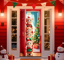 Christmas Door Cover Decorations, Cute Cat Xmas Front Door Banner Covering,