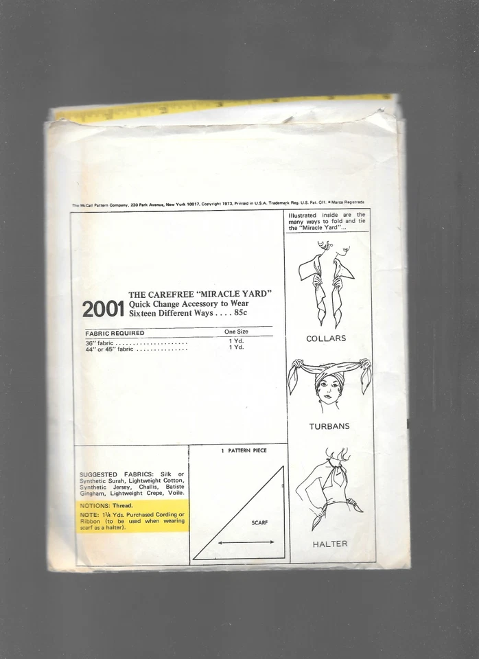 ​Vtg 1970s Turban Halter Scarf Chemo Cancer Headwrap McCall 2001  Pattern UNCUT - Image 4 of 4