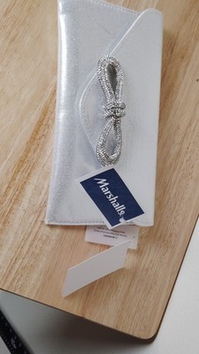 Silver Metallic Clutch with Rhinestone Bow Chain Strap for Women