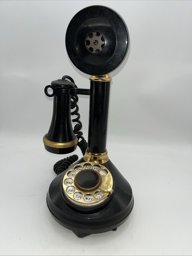 Telefono rotante a candela Deco-Tel 1973 vintage nero con bordo oro tono quadrante - Foto 1 di 8