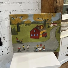 Adorable 16 X 20 Primitive Folk Art Painting On Canvas brightens up a room