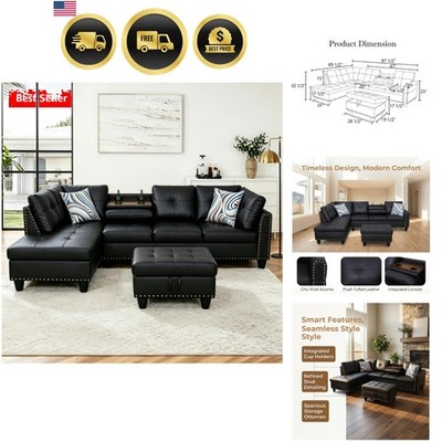 97.5'' Leather L Shaped Couch with Left Chaise & Cup Holder, Sectional Sofas M...