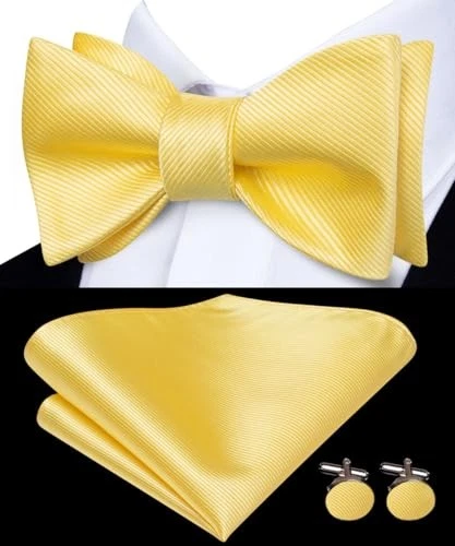  Self Tie Bow Ties and Lapel Pin for Men Paisley Solid Mens Bright Yellow - Image 4 of 4