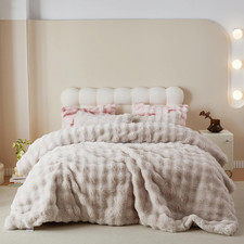 Fluffy Faux Fur Comforter Set - Plush Minky Bedding for Winter King, Oatmeal 