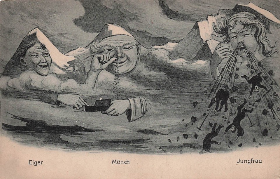 A genuinely bizarre vintage postcard depicting anthropomorphic mountain figures caught in an avalanche disaster — the kind of 'what am I even looking at' find that makes a perfect framed oddity.