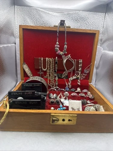 Vintage Wooded Jewelry Box Full Of Sterling Silver Jewelry
