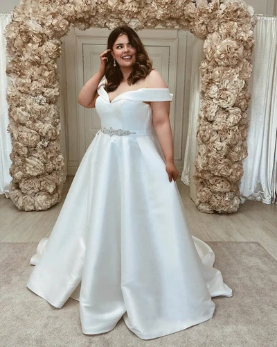 Plus Size Simple Wedding Dresses Off Shoulder Beaded A Line Satin Bridal Gowns - Picture 3 of 10