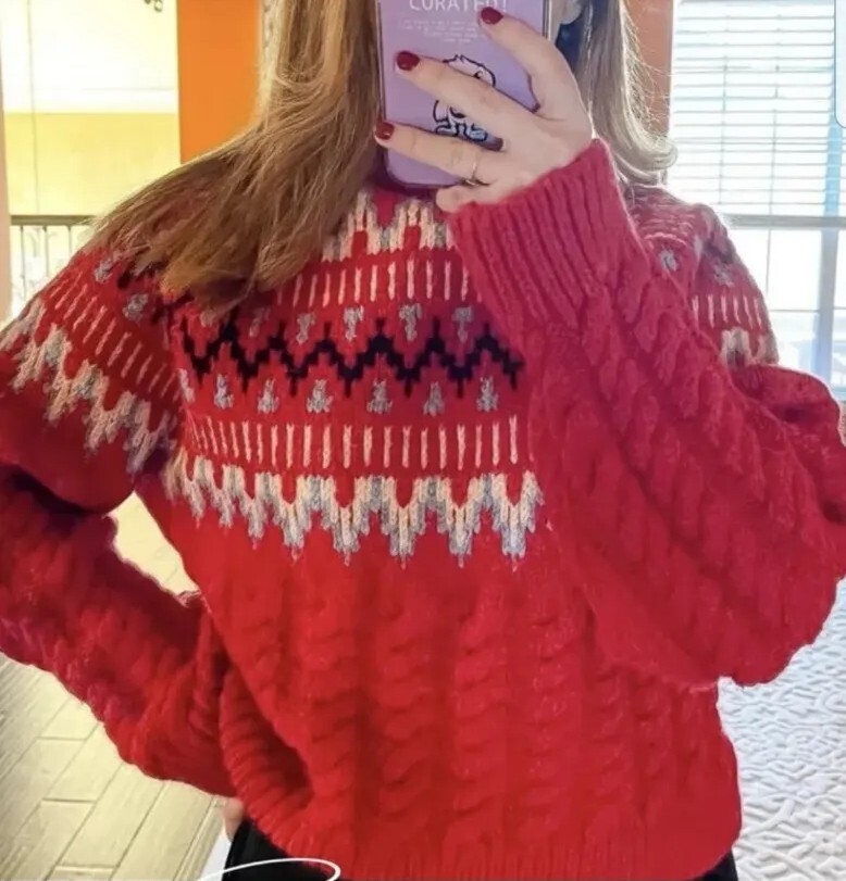 Zara Cableknit Jacquard Red Fair Isle Sweater Cropped Large