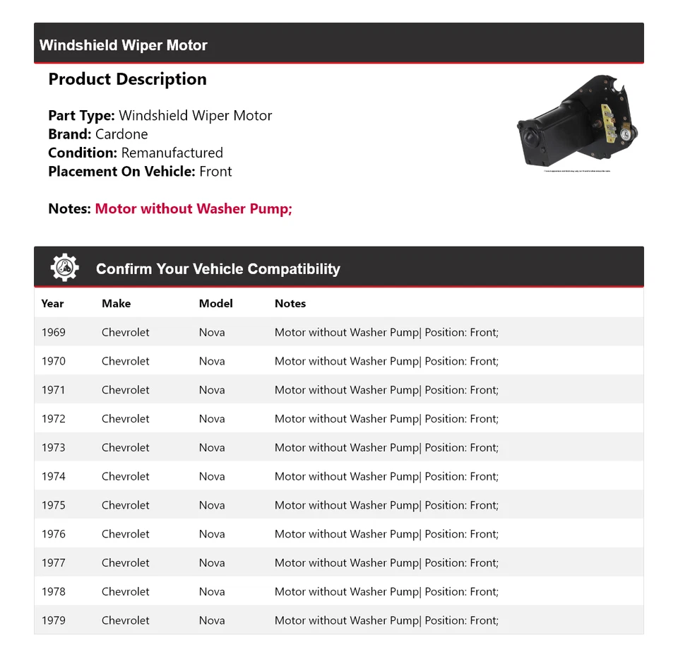 Para Chevrolet Nova 1969-1979 Limpiaparabrisas Motor Delantero Cardone 1970 1971 1972 Foto 2 de 4