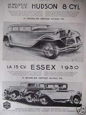 WERBUNG 1930 L'AUTOMOBILE 20 PS HUDSON 8 ZYL. ET LA 15 PS ESSEX 