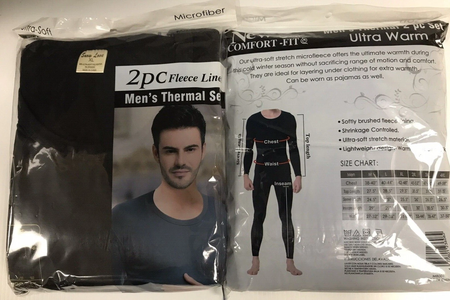 Comfort Fit Fleece Lined Microfiber Long Johns, XL, Black, 2 pc set