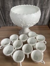 Vintage Westmoreland Milk Glass Grape Punch Bowl and 12 Cups