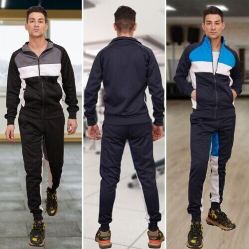 Mens Panelled Zip-through Collared Tracksuit Set Joggers Bottom Casual Tracksuit - Picture 1 of 11