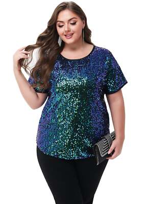 Plus Size Women's Sequin Tops Round Neck Sparkle Glitter Short
