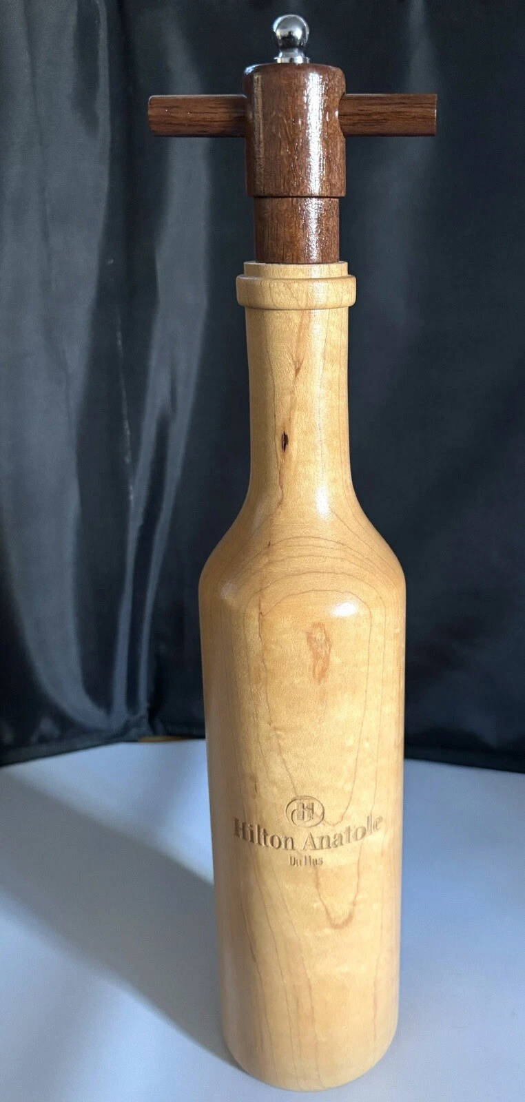 Wood Pepper Mill Grinder Wine Bottle Shaped. Hilton Anatole Dallas. Never Used.