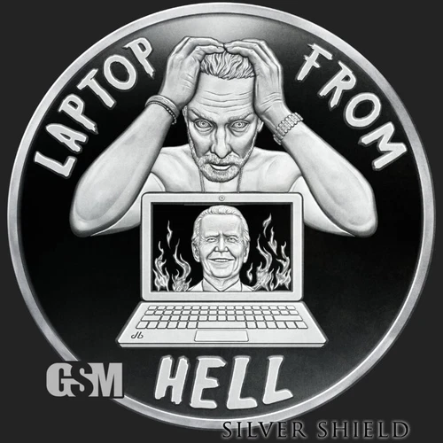 2023 1OZ Laptop From Hell Proof - Silver Shield - Biden Crimes "IN-HAND" Round