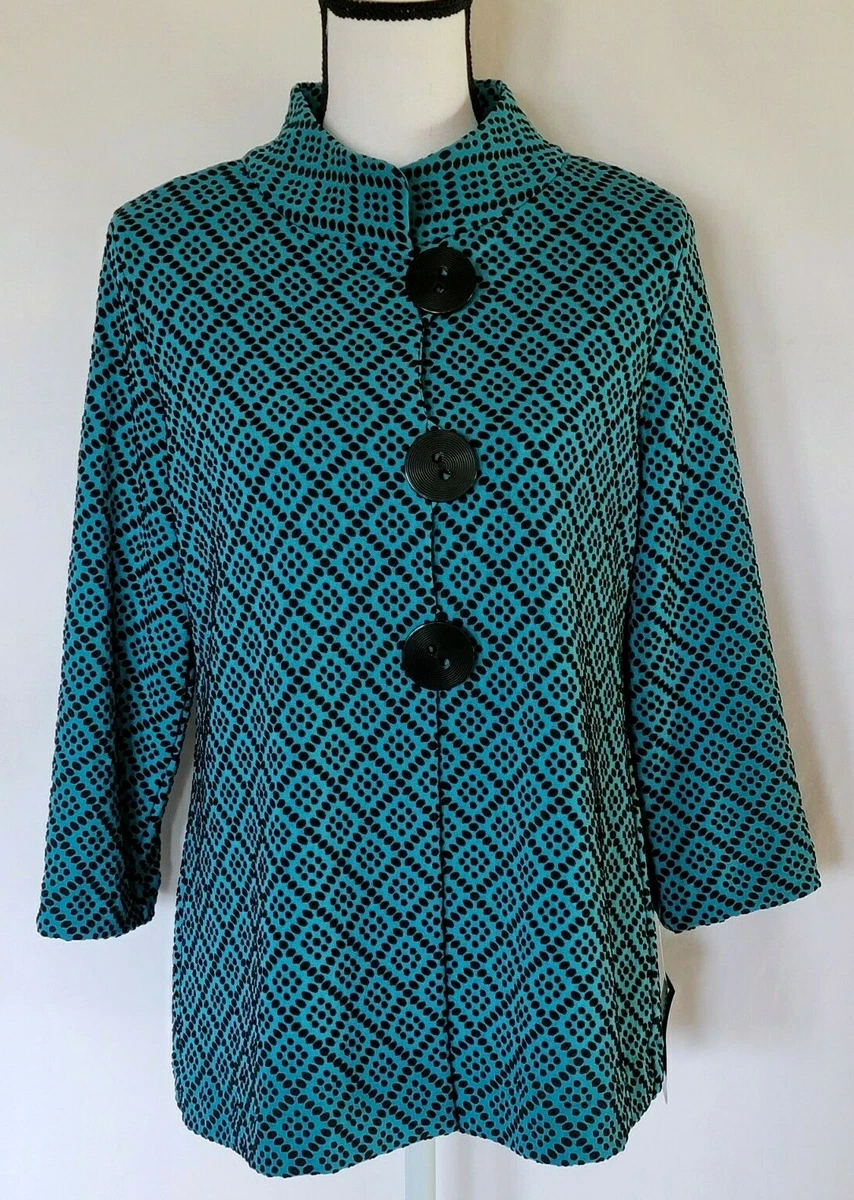 JM Collection Jacquard Stand Collar Jacket Teal Diamond Size Small