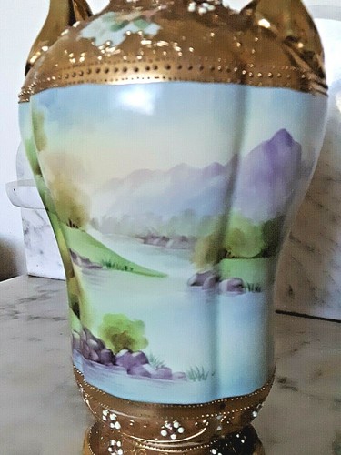 Nippon Antique Porcelain Hand Painted Vase W/Beading & Mt. Fuji - Picture 5 of 7