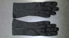VTG MCM Lady Gay Black Nylon Gloves Scalloped w/Pearls Wrist 5.5