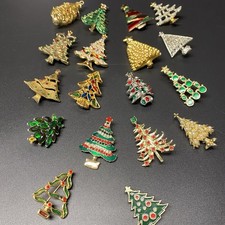 Lot 18 Vintage Now CHRISTMAS TREE BROOCH Pins Rhinestone Enamel Costume Jewelry