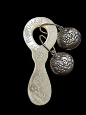 Hey Diddle Diddle Repoussé Baby Rattle Teething Ring Sterling Silver MOP Victori