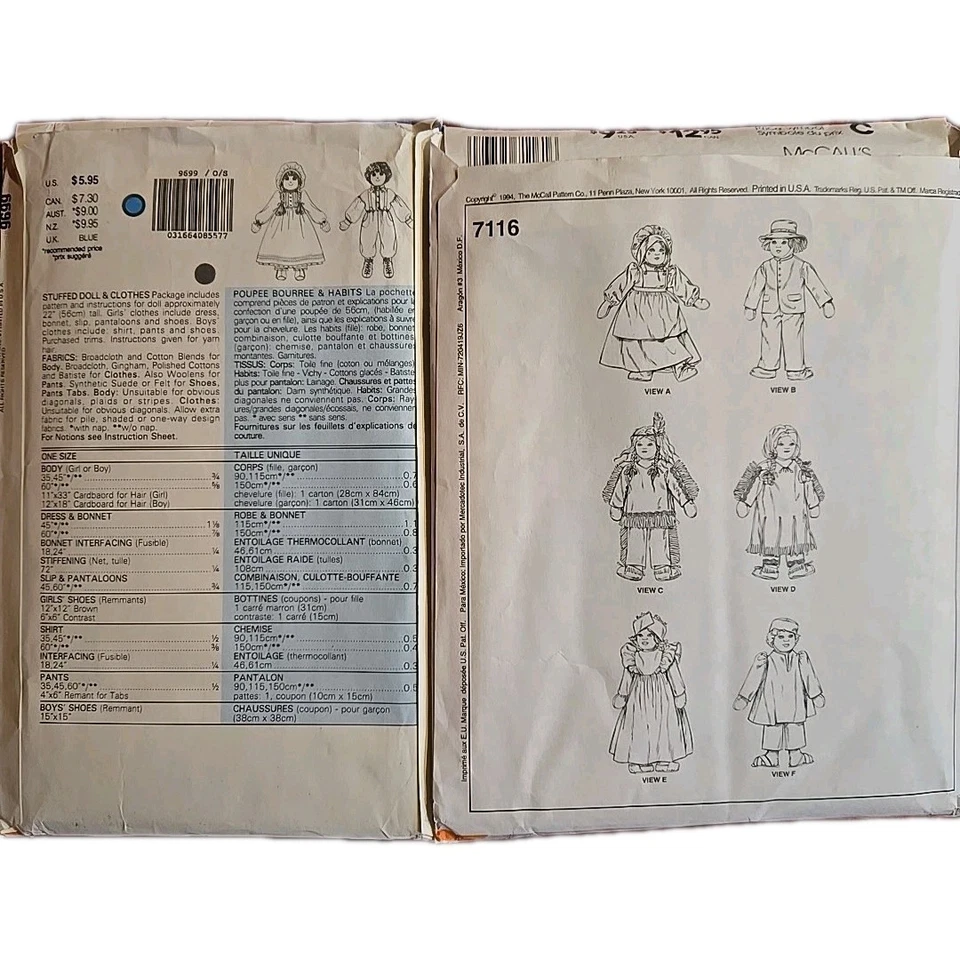 Lot of 2 Doll Clothes Patterns Vogue McCalls 15" & 22" Boy Girl Uncut Vintage - Image 2 of 4