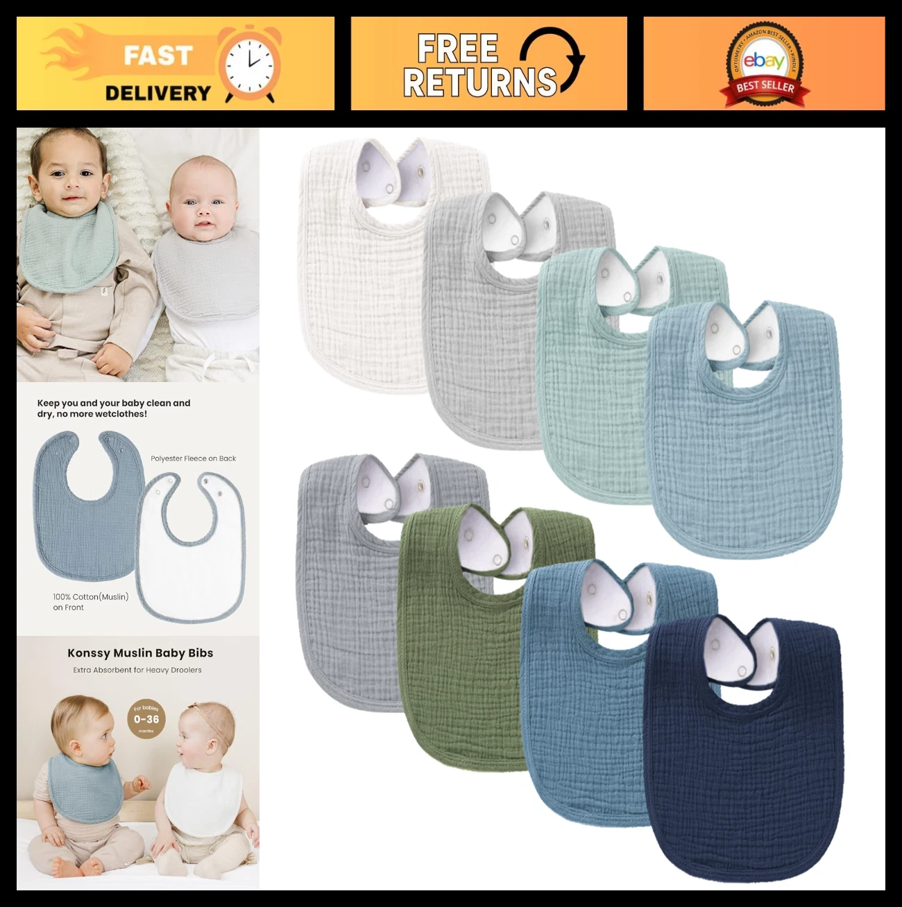 8 Pack Muslin Baby Bibs - Soft Absorbent Bandana Drool Bibs for Teething, Unisex