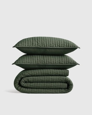 BNWT Quince European Linen Cotton Stitch Quilt Set Pine Green King Cal King BNWT