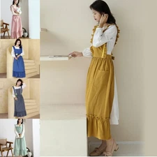 Stylish Pleated Ruffled X Back Kitchen Long Apron for Women Maid Pinafore Dress