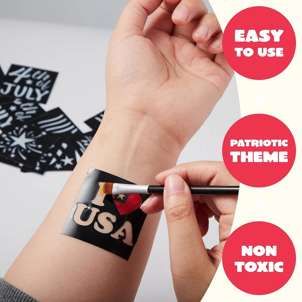 Kit de pintura facial patriótica 5 colores brillo + 16 plantillas rojo blanco azul conjunto para niños. Foto 3 de 4