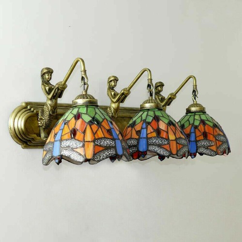 Tiffany Antique Wall Light Dragonfly 3-Light Mermaid Wall Sconce Lighting Lamp - Picture 3 of 6