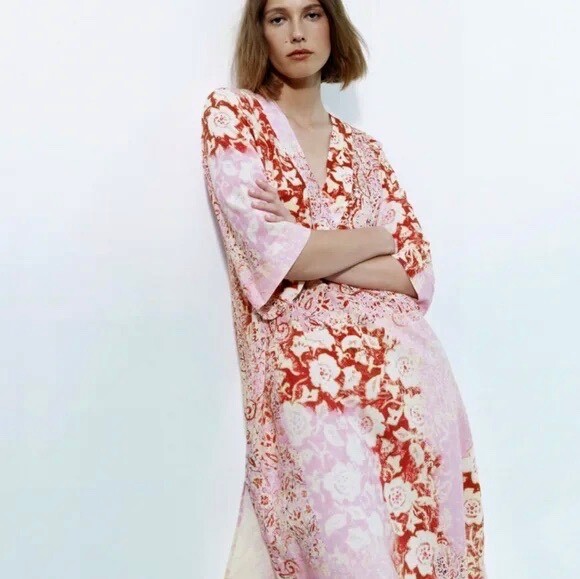 Lovely *ZARA* Pink Floral Linen Blend Midi Tunic Kaft… Gem