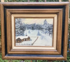 Naive Folk Art Original Oil on Canvas Charming Winter Cabin in a Snowy Landscape