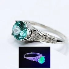 Sterling Teal UV Spinel Ring Fluorescent Gem 3ct 925 Silver Uranium Glass