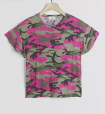 Anthropologie T.La Green Pink Camo Print Flutter Sleeve Martha Tee Top Sz S