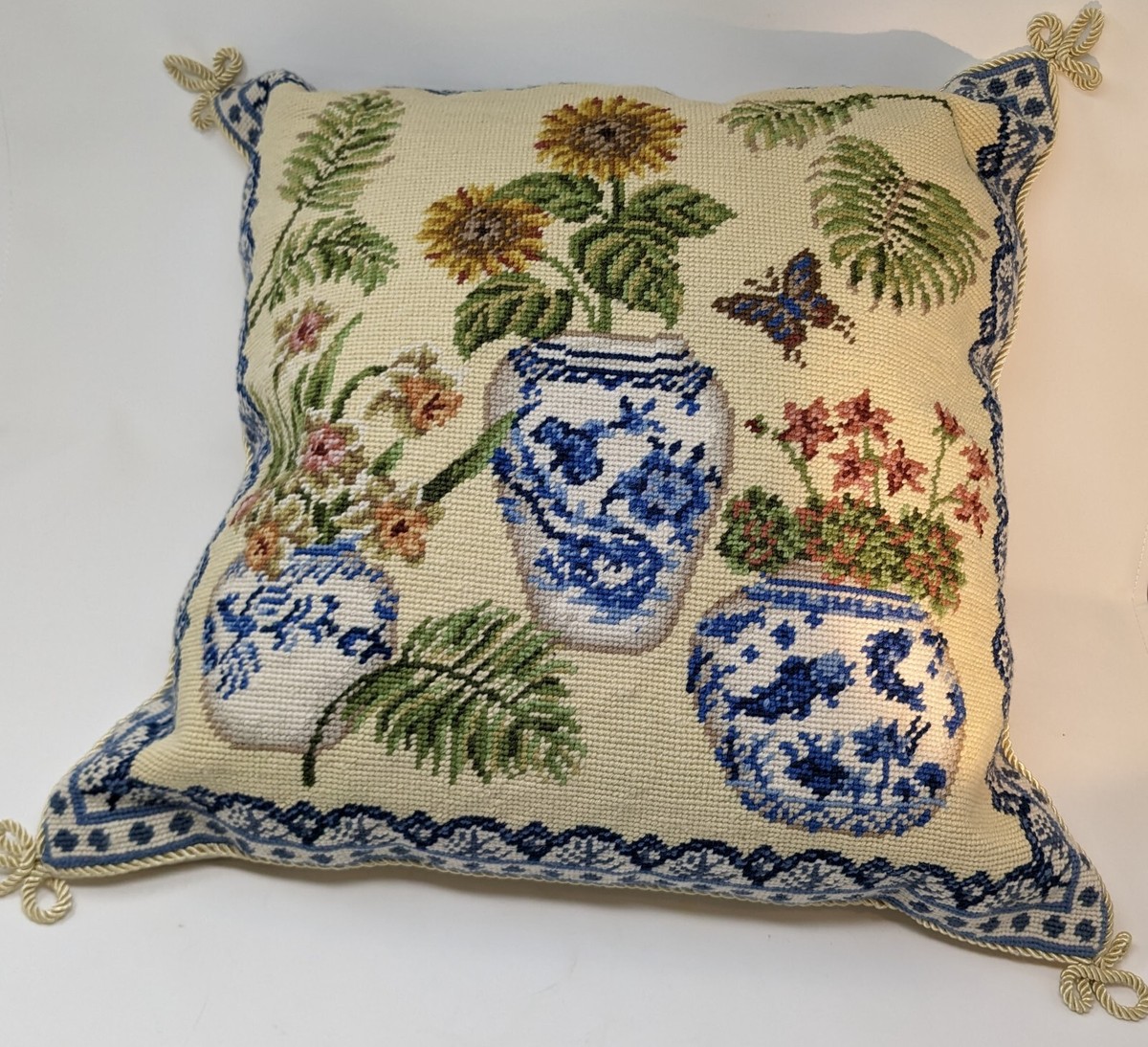 Yellow Needlepoint Pillow Blue and White Chinese Porcelain