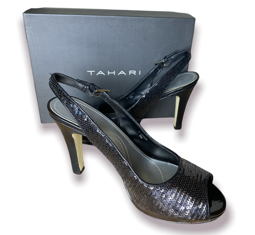 Tahari TA-SI SENOR Black Sequin Slingback Peep Toe Pump High Heel (8M) *NEW BOX* - Afbeelding 1 van 6