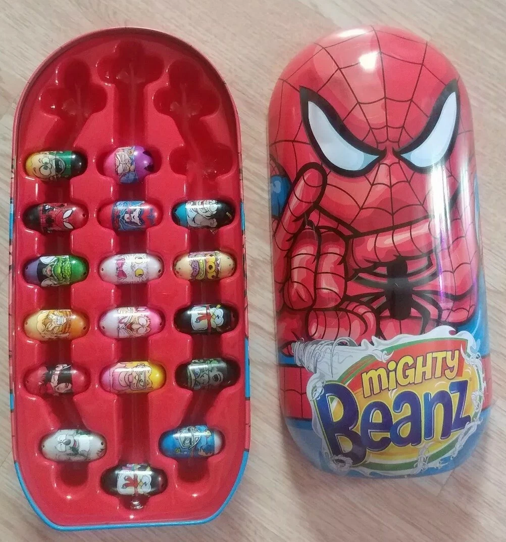 Vintage Mighty Beanz Spider Man Storage Tin Case W 17 Mighty