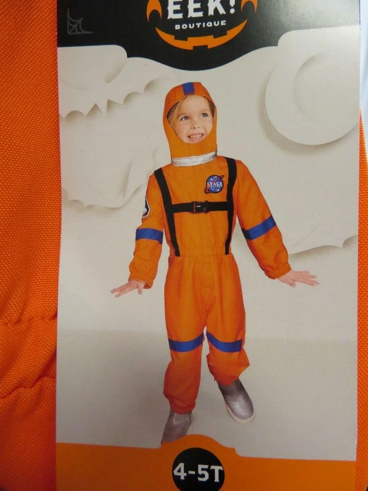 Disfraz de astronauta de Halloween para niños pequeños mono naranja y casco talla 4T-5T Foto 3 de 4
