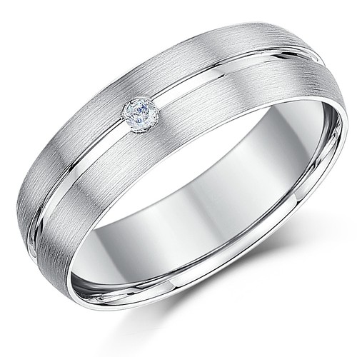 9ct Anillo de Boda Oro Blanco Diamante Banda Mate y Pulido 6mm