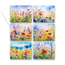 12 All Occasion Notecards with Envelopes - WATERCOLOR WILDFLOWERS ( 2 of Each )