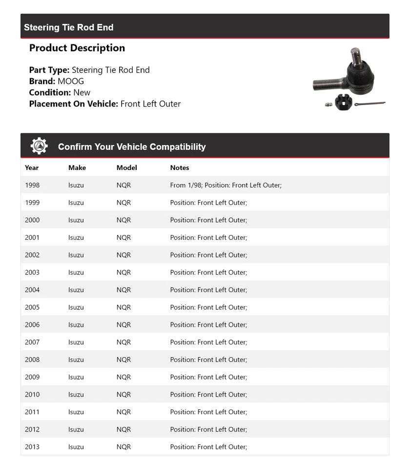 Para Isuzu NQR 1998-2013 Extremo de varilla de dirección delantero izquierdo exterior MOOG 1998 1999 Foto 2 de 4
